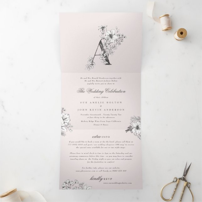 Invitation Trois Volets Monogramme rose 'A' Belle croquis Mariage floral (Intérieur)