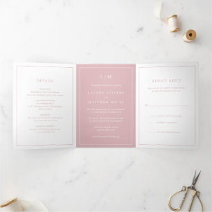 Invitation Trois Volets Monogramme rose clair simple Mariage élégant