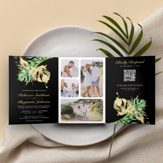 Invitation Trois Volets Monstera Tropical Palm Or Code QR Noir Mariage (Créateur téléchargé)