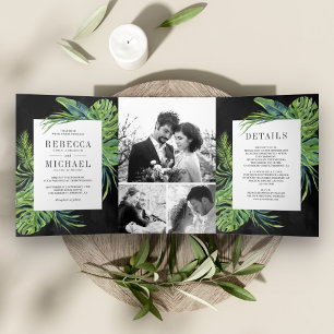 Invitation Trois Volets Monstera Tropical Palm Photo Collage Mariage noir