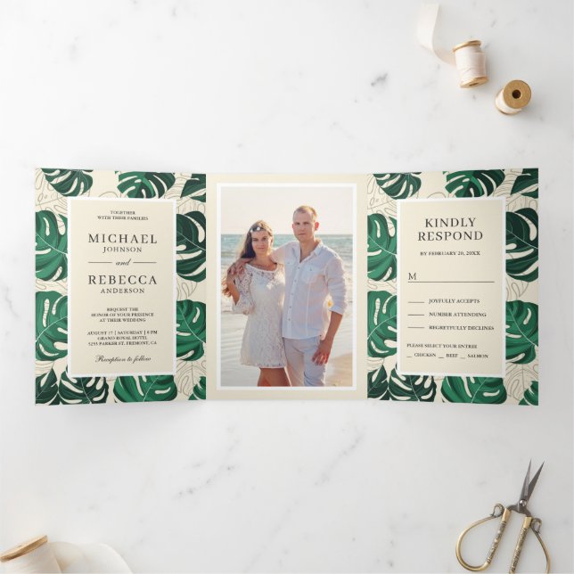 Invitation Trois Volets Monstera Tropicale Vert et Beige Mariage Feuille (Intérieur)