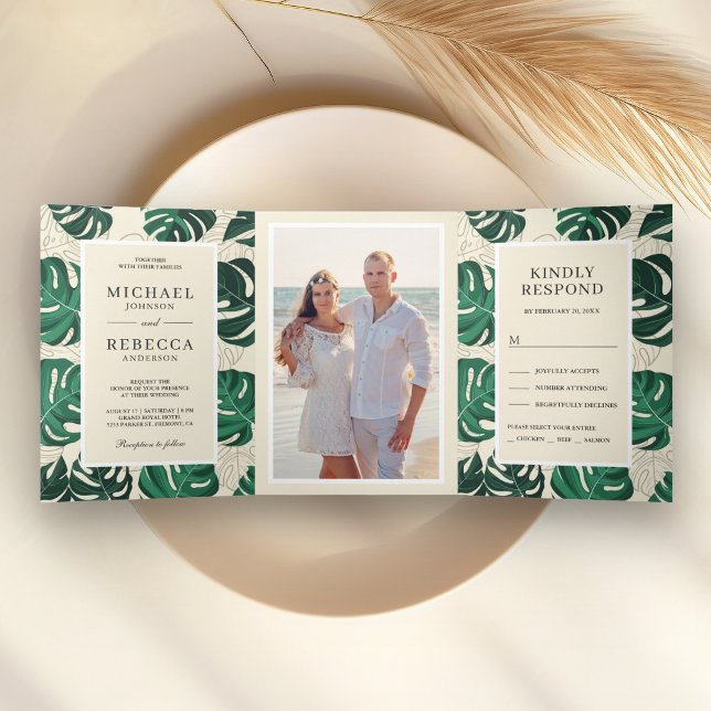 Invitation Trois Volets Monstera Tropicale Vert et Beige Mariage Feuille (Créateur téléchargé)