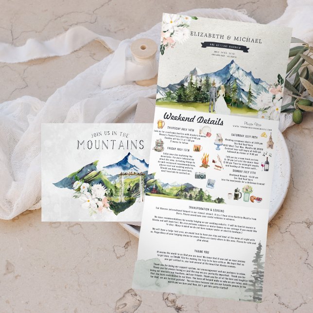 Invitation Trois Volets Montagne glaciaire rustique | Mariage illustré (Créateur téléchargé)