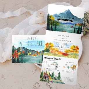 Invitation Trois Volets Montagne rustique du lac d'automne Mariage illus