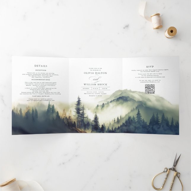 Invitation Trois Volets Montagnes du soir Mist Panorama Mariage Photo (Intérieur)