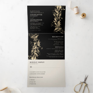 Invitation Trois Volets Moody Greenery Noir Beige Tout en un Mariage