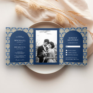 Invitation Trois Volets Motif bleu Damas Arc marocain Mariage Photo