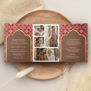 Invitation Trois Volets Motif Brown rouge tout en un Mariage indien