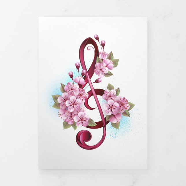Invitation Trois Volets Musical treble clef notes with sakura flowers (Page de couverture)