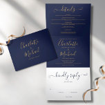Invitation Trois Volets Navy Blue Gold Script Minimalist Photo Wedding<br><div class="desc">All in one navy blue tri-fold wedding invitation featuring elegant gold typography and your special photo. The invitation includes your celebration guest information details and a detachable RSVP card. Designed by Thisisnotme©</div>