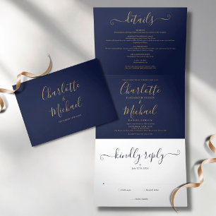 Invitation Trois Volets Navy Blue Gold Script Minimalist Photo Wedding