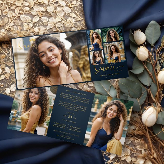 Invitation Trois Volets "Navy Blue Quinceañera Invitations" "Trendy Quince (Spanish Navy Blue Trendy Quinceañera Collage 7 Photos Invitations Tri-Fold Cards.)