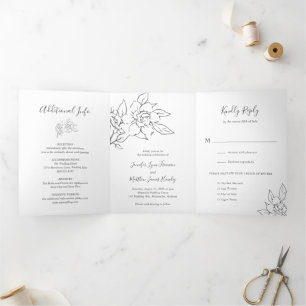 Invitation Trois Volets Neutral Line Art Floral Mariage élégant