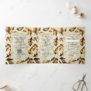 Invitation Trois Volets Noces de mariage automnal beige amande feuilles d'