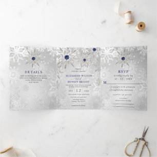 Invitation Trois Volets Noces de Noël d'hiver Flocons de neige Marine Arge