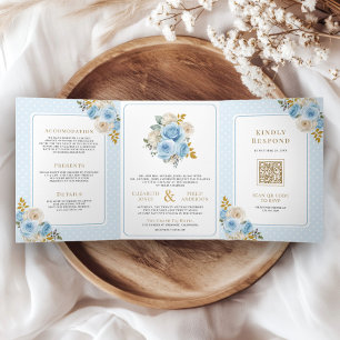 Invitation Trois Volets Noces Or Ivory Floral Roses Tout en Un Mariage