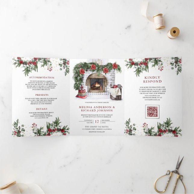 Invitation Trois Volets Noël Cheminée Poinsettia Code QR Mariage (Intérieur)