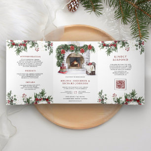 Invitation Trois Volets Noël Cheminée Poinsettia Code QR Mariage