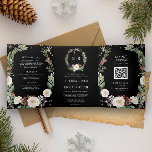 Invitation Trois Volets Noël Floral Monogramme QR Code Mariage noir