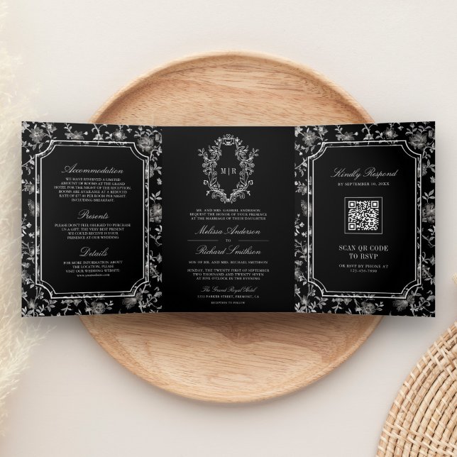 Invitation Trois Volets Noir Chinoiserie Crest QR Code Mariage (Créateur téléchargé)