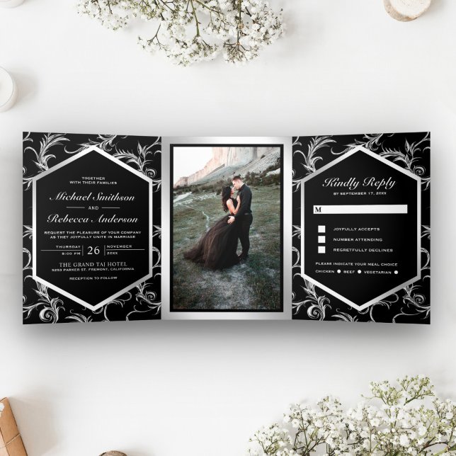 Invitation Trois Volets Noir et Argent Flourissent Mariage Photo en Tourbi (Créateur téléchargé)