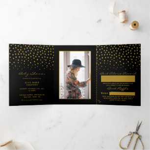 Invitation Trois Volets Noir et or à pois, Suite pour Baby Shower