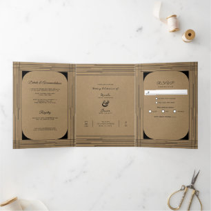 Invitation Trois Volets Noir Kraft minima lignes modernes Mariage
