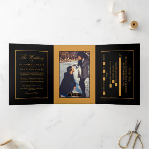Invitation Trois Volets Noir & Or moderne, Suite Mariage