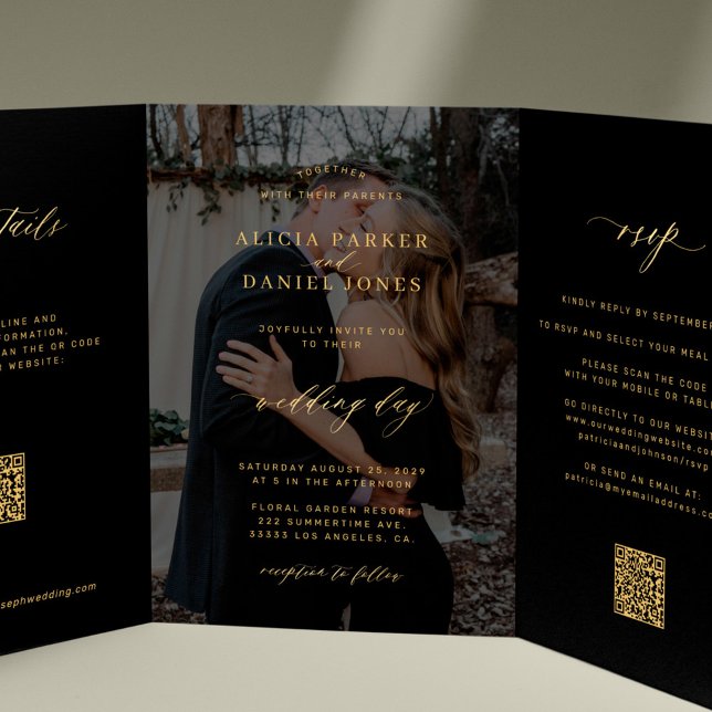 Invitation Trois Volets Noir or photo mariage RSVP détails QR code (Créateur téléchargé)