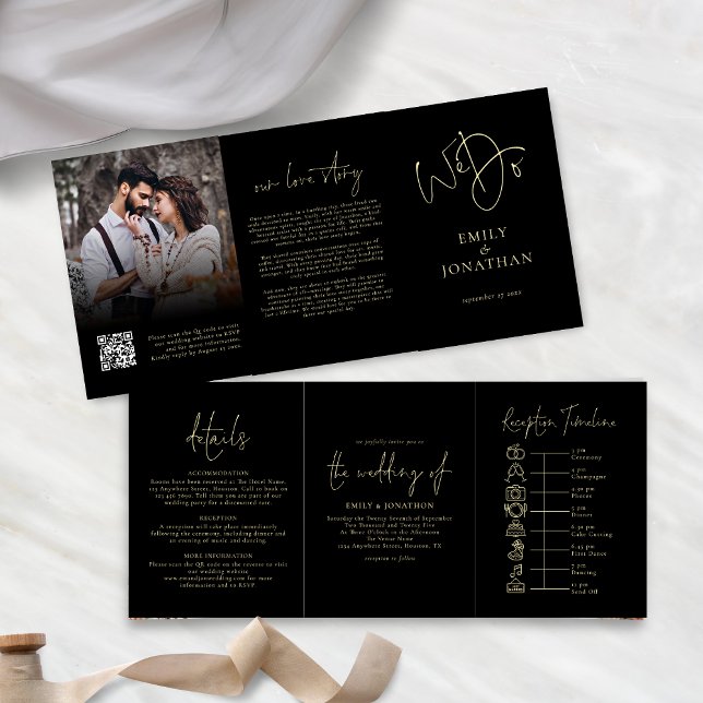 Invitation Trois Volets Nous faisons Black Gold Photo QR Code Timeline Mar (Front and back view)