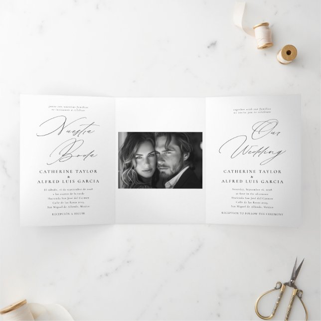 Invitation Trois Volets Nuestra Boda Anglais Espagnol Mariage bilingue (Intérieur)