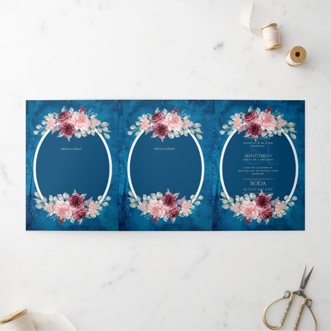 Invitation Trois Volets Nuestra Boda Bourgogne Blue Floral Wedding Invitat (Extérieur)