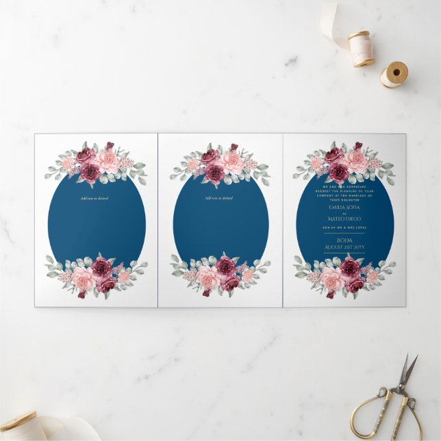 Invitation Trois Volets Nuestra Boda Bourgogne Blue Floral Wedding Invitat (Extérieur)