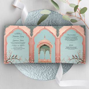 Invitation Trois Volets Oiseaux romantiques Gazebo rose Mariage du palais