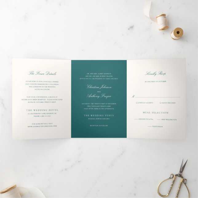 Invitation Trois Volets Old Money Teal Classic Wedding (Intérieur)