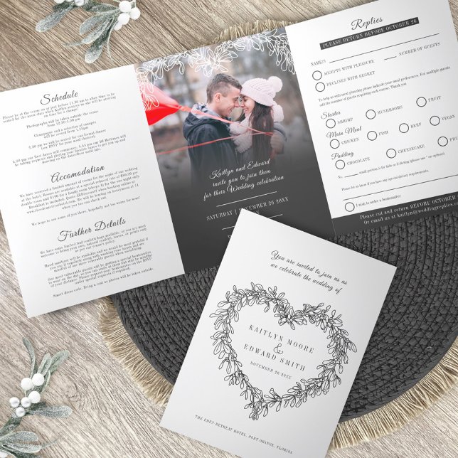 Invitation Trois Volets Option de repas de mariage blanc au charbon de gui (Créateur téléchargé)