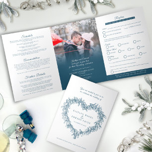 Invitation Trois Volets Option de repas de mariage bleu gui blanc RSVP