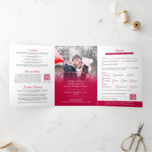 Invitation Trois Volets Option de repas de mariage rouge gui Code QR RSVP 