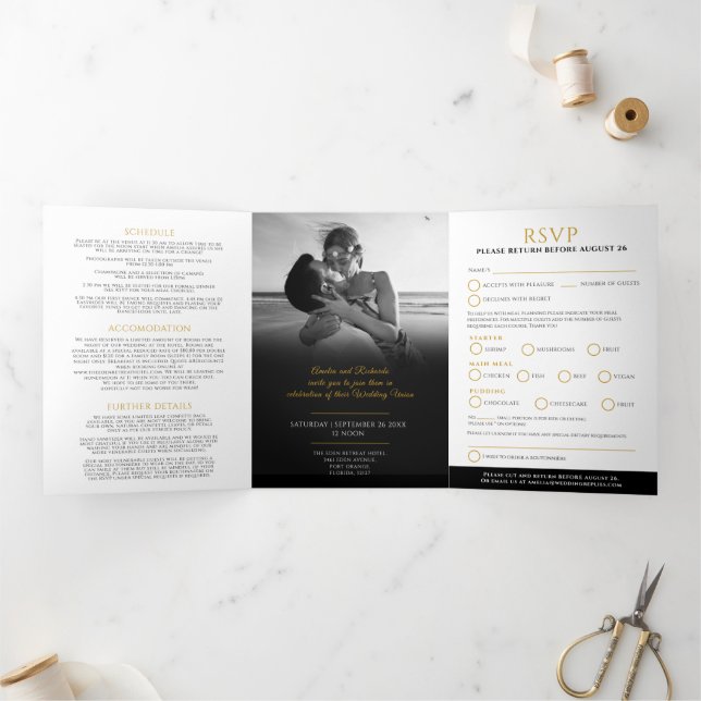 Invitation Trois Volets Option de réponse pour le repas de mariage avec fe (Intérieur)