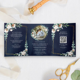 Invitation Trois Volets Or Rustique Coton Eucalyptus Code QR Marine Mariag