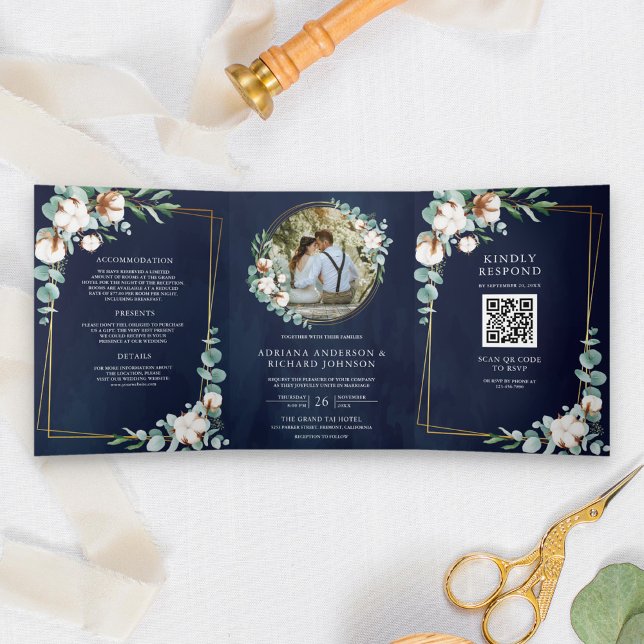 Invitation Trois Volets Or Rustique Coton Eucalyptus Code QR Marine Mariag (Créateur téléchargé)