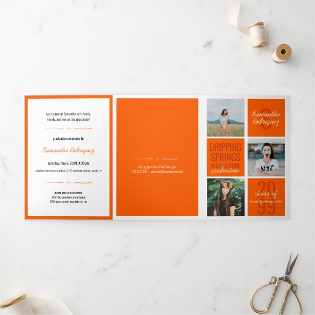 Invitation Trois Volets Orange 5-Photo Fun Boxes Graduation (Extérieur)