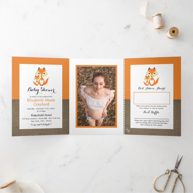 Invitation Trois Volets Orange Fox Burlap, Suite Baby shower (Intérieur)