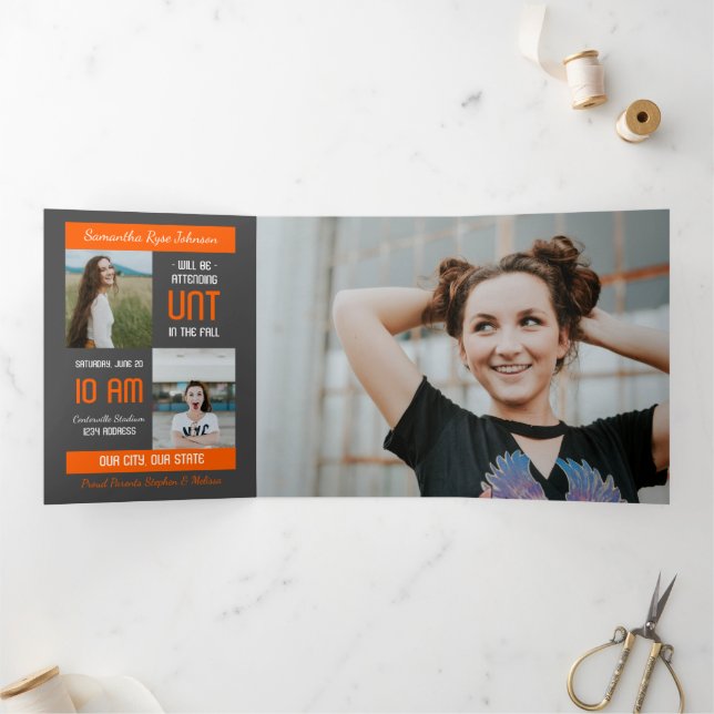 Invitation Trois Volets Orange Moderne Bloc 5-Photo Graduation (Intérieur)