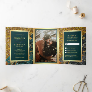 Invitation Trois Volets Paillettes dorées Marbre sarcelle Photo Mariage