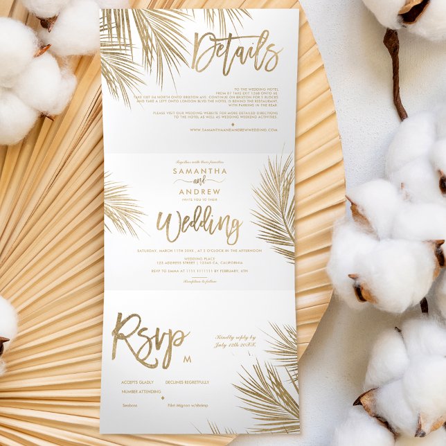 Invitation Trois Volets Palmier d'or chic moderne mariage élégant (Créateur téléchargé)