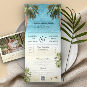 Invitation Trois Volets Palmiers Tropicaux Moderne Plage Code QR Mariage