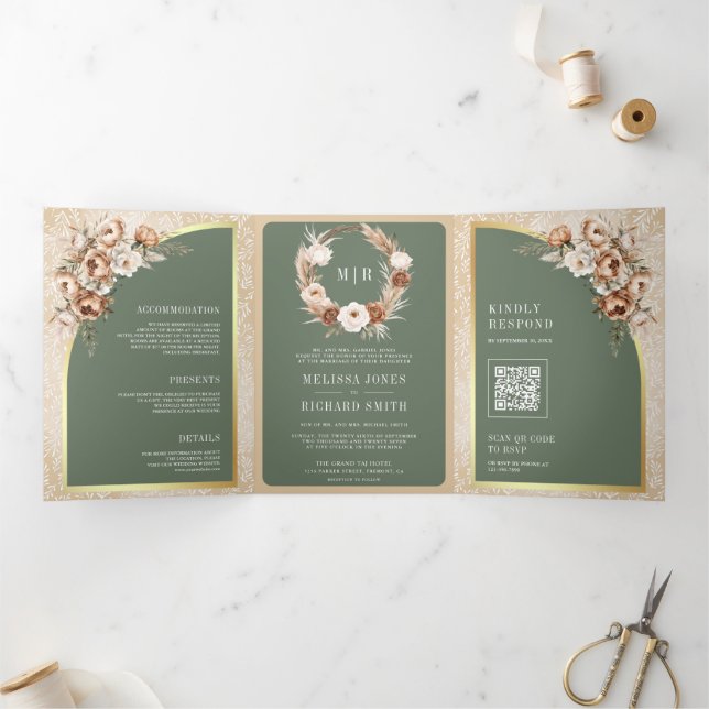 Invitation Trois Volets Pampas Beige Earthy Floral Sage Green Wedding (Intérieur)