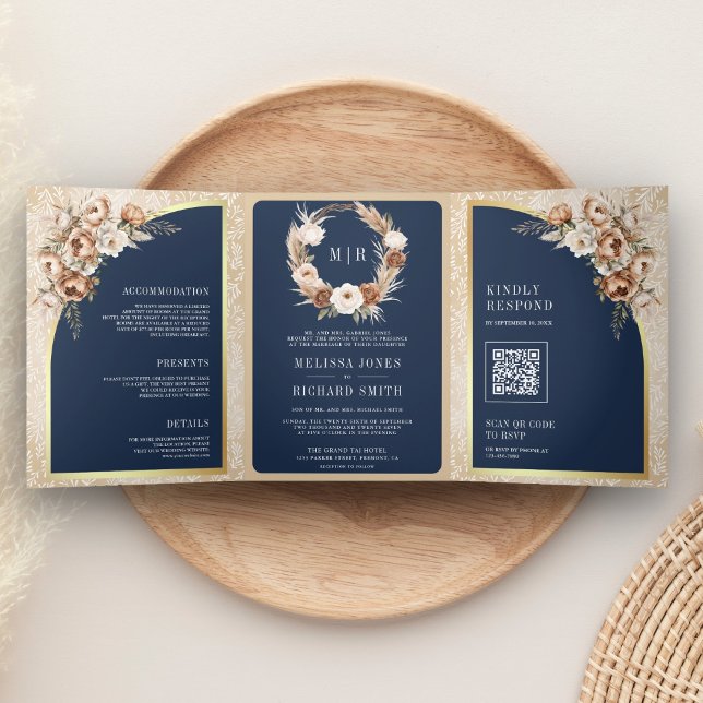 Invitation Trois Volets Pampas Neutral Beige Earthy Floral Navy Wedding (Créateur téléchargé)