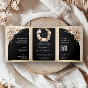 Invitation Trois Volets Pampas Neutral Beige Terre Floral Mariage noir